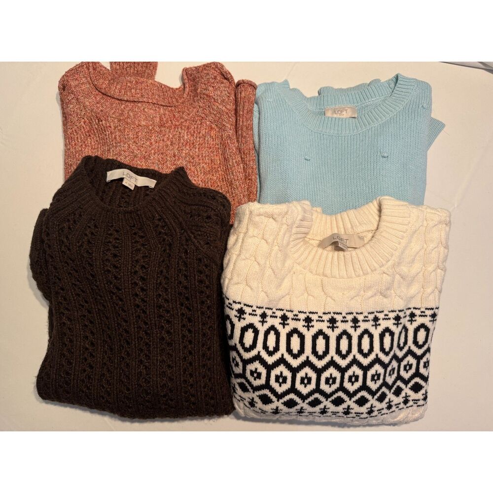 LOFT Sweater Bundle 4pc Lot Fair Isle Cable Pom Pom Open Knit - Size Medium